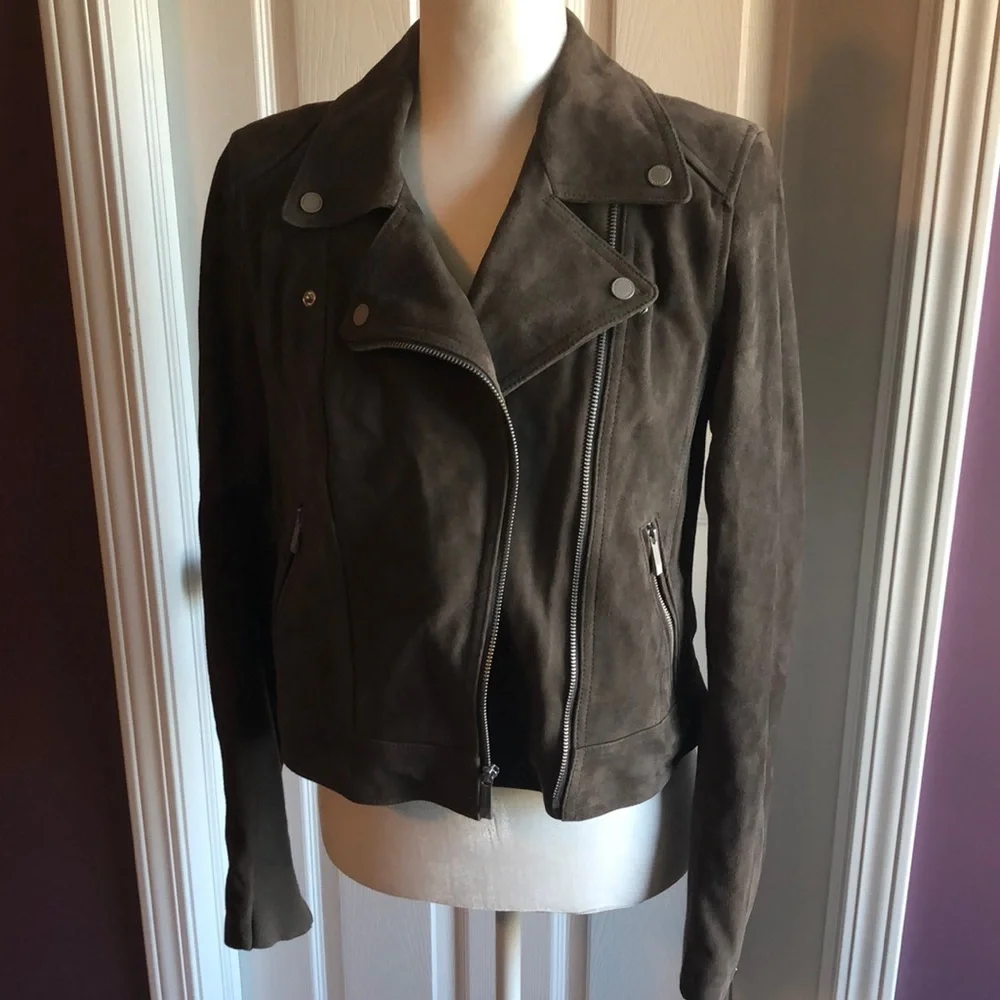 BCBG Maxazria Moto Zipper Leather Jacket slate Gray small - Picture 2 of 16